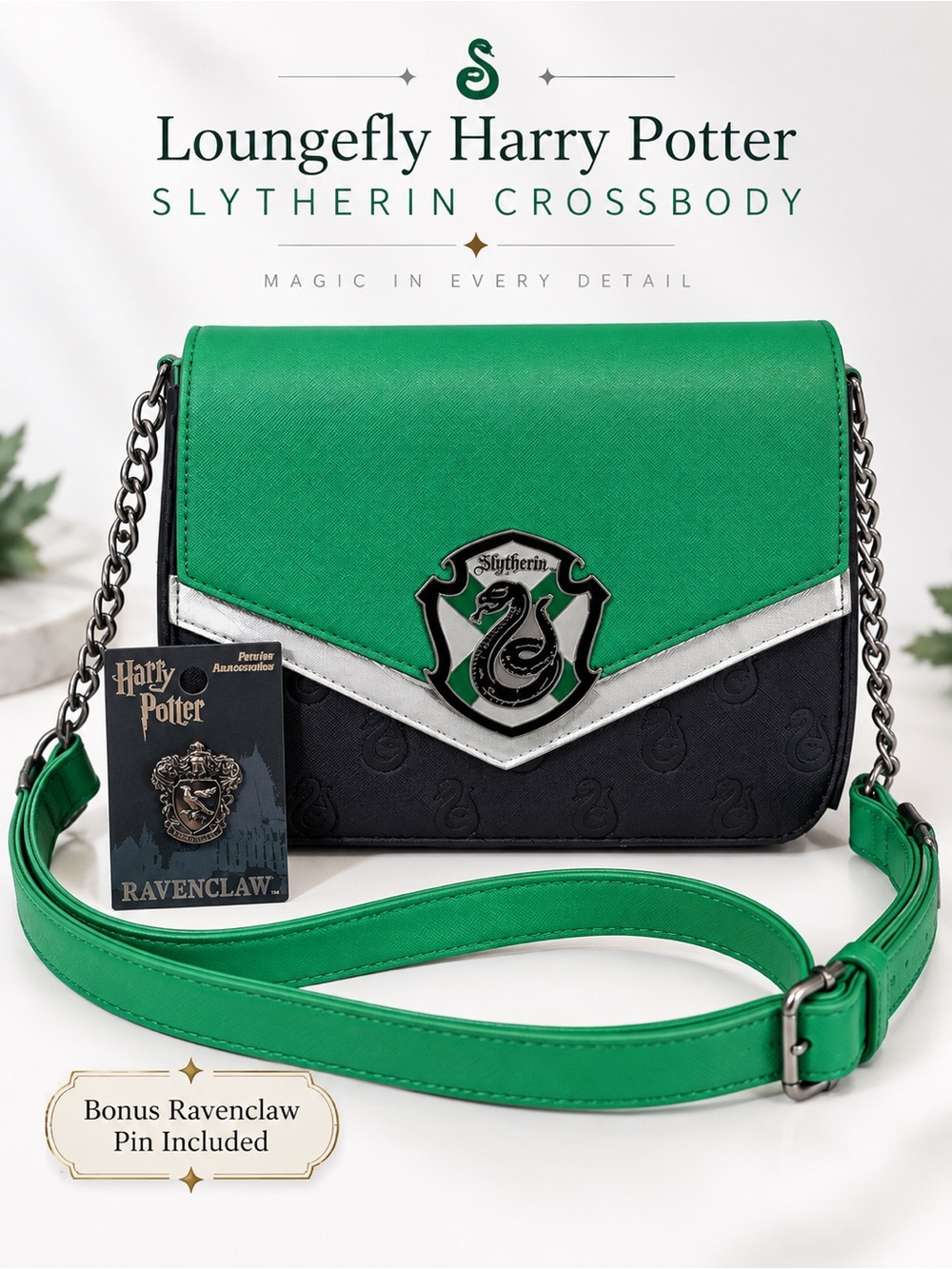 Loungefly Harry Potter Slytherin Crossbody Bag NWOT Green Black + Ravenclaw Pin